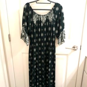 Women's Dark Green Maxi Dress with White Floral Medallions